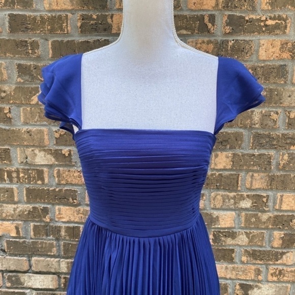 FAME AND PARTNERS Midi Knee Dress Pleated Chiffon Dark Blue 4 Cocktail Formal - Picture 2 of 7